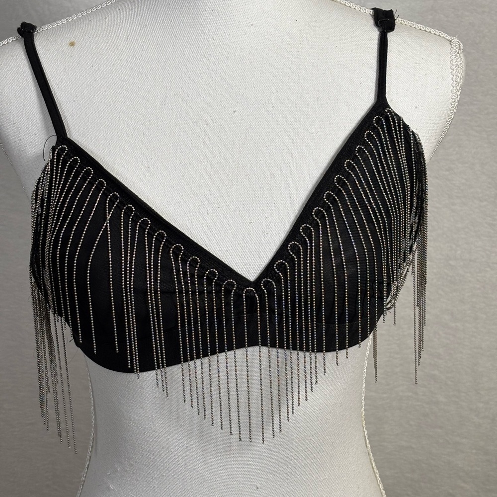 SHEIN crisscross triangle Black Bralette with Silver Chain Fringe size Small